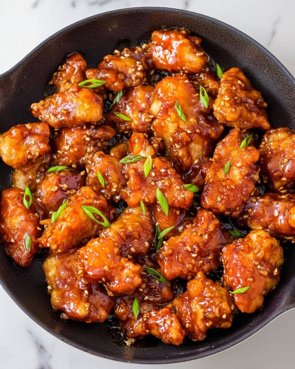 The image shows a close-up of many pieces of crispy chicken coated in a shiny, sticky orange-brown sauce with visible sesame seeds on top, all arranged inside a black skillet. The chicken pieces have a rough texture with some darker edges, and small green onion slices are sprinkled evenly over them for contrast. The background is a white marbled surface, creating a clean look around the skillet. Photo taken with an iphone --ar 4:5 --v 7