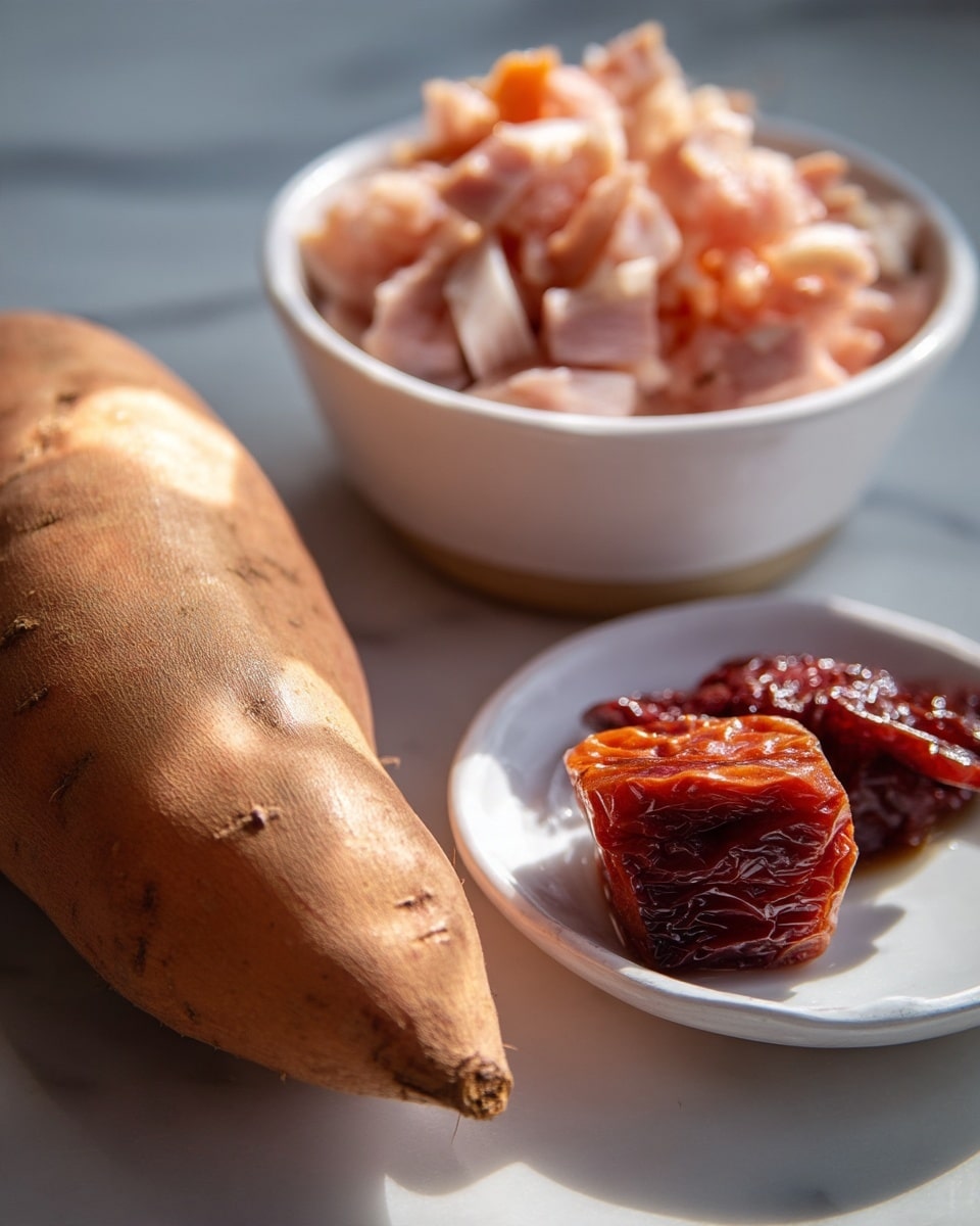 The image shows a close-up of a white marbled surface with ingredients arranged on it. In the foreground is a large sweet potato with a rough, brownish skin, slightly out of focus. Behind the sweet potato, there is a white bowl filled with light pinkish chopped pieces, likely cooked meat. Next to the bowl is a small white plate holding two dark reddish-brown pieces of dried fruit or preserved food, shiny and moist in texture. The overall lighting is bright and natural, coming from the left side, casting soft shadows. Photo taken with an iphone --ar 4:5 --v 7