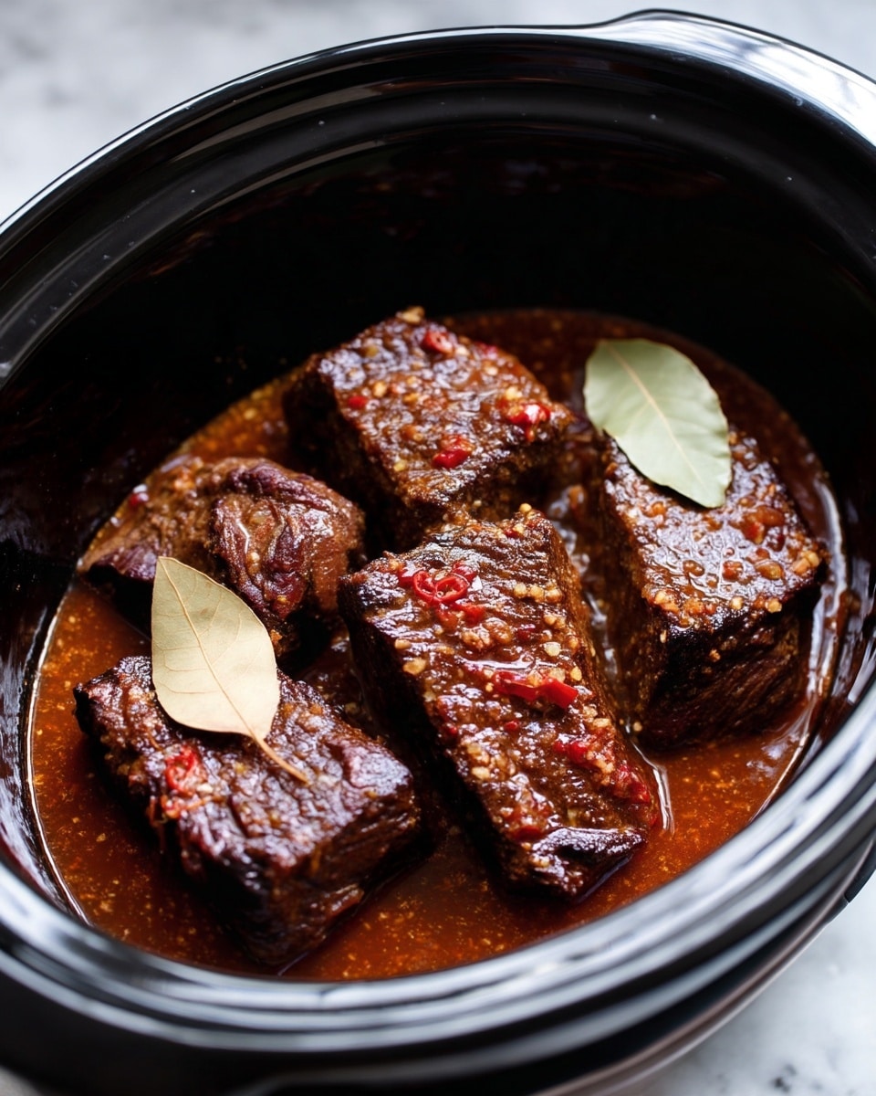 The image shows a slow cooker filled with five large pieces of dark brown cooked meat covered in a thick sauce with visible small bits of garlic and red spices. There are three light brown bay leaves placed on top of the meat. The slow cooker is black in color, and the background surface has a white marbled texture. The lighting highlights the glossy, rich texture of the sauce and the tender appearance of the meat. photo taken with an iphone --ar 4:5 --v 7