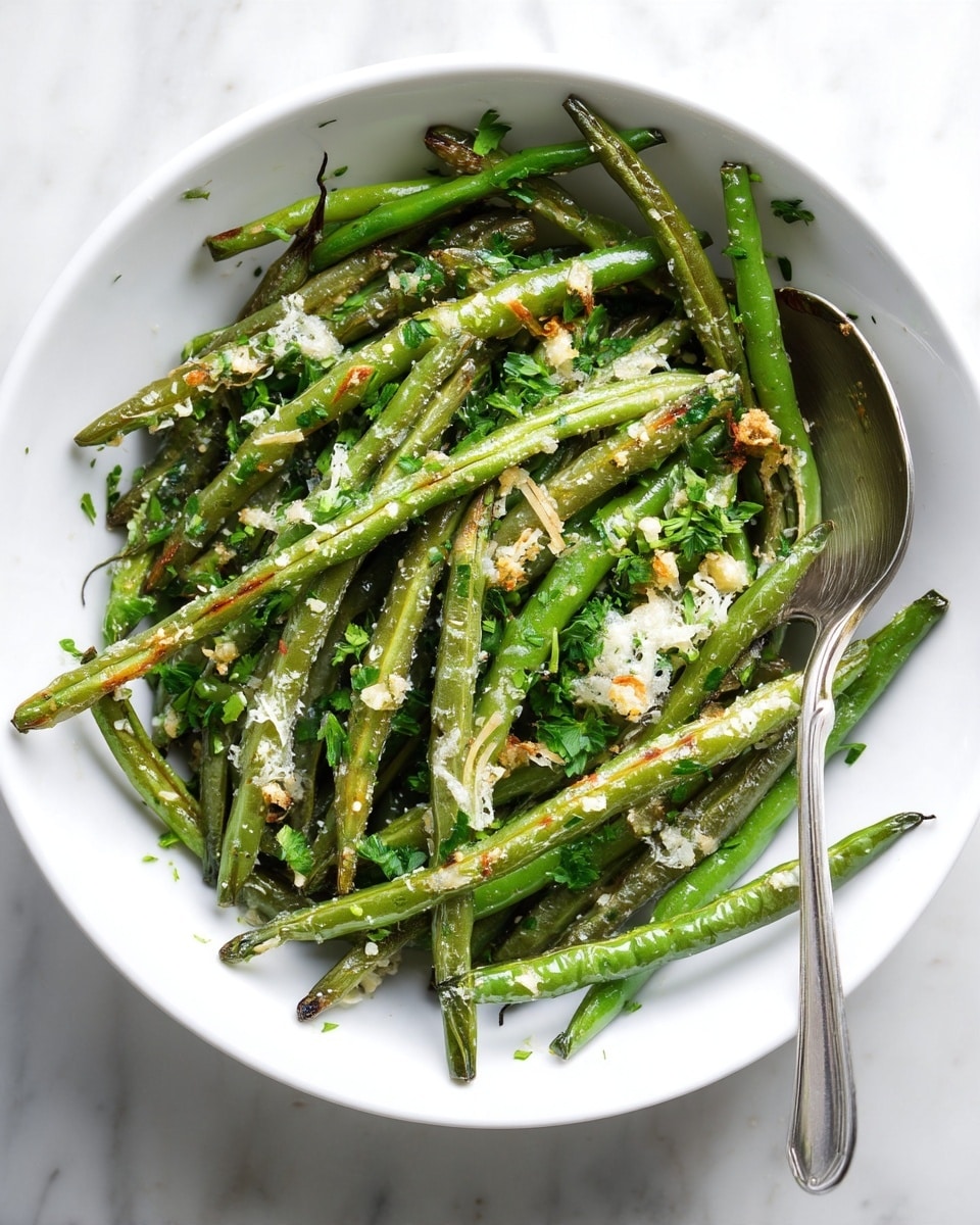 A baking tray covered with crinkled white parchment paper holds one single large layer of roasted green beans. The beans are long and thin, slightly wrinkled from cooking, with some browned and charred tips. They are sprinkled evenly with small white flakes of grated cheese along their length. There are small bits of browned garlic or seasoning scattered across the beans and parchment paper, adding texture and contrast. The tray sits on a white marbled surface. Photo taken with an iphone --ar 4:5 --v 7