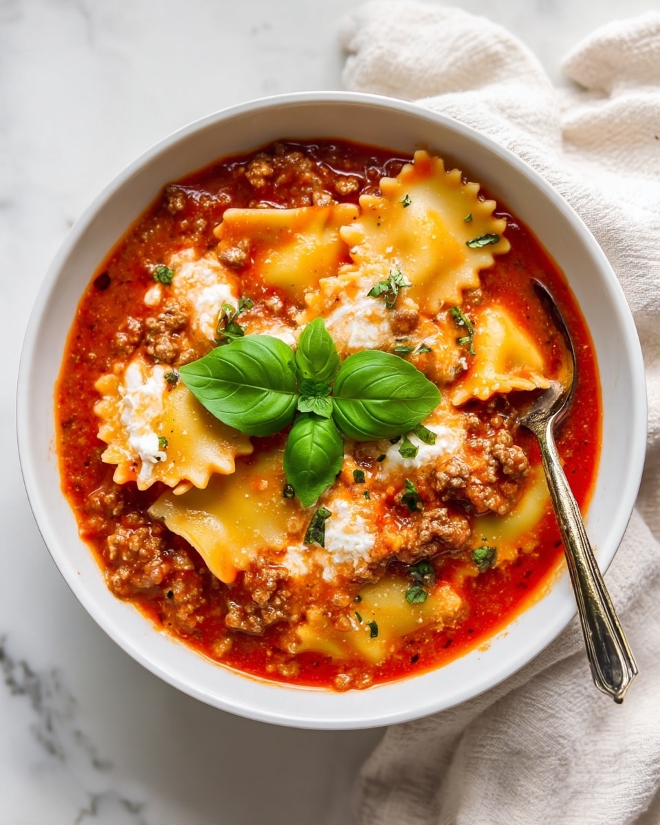 A white bowl filled with a bright red lasagna soup showing several curly-edged flat pasta pieces floating in a thick meat and tomato sauce with browned ground meat chunks and sprinkled green herb bits. On top, there are two white dollops of creamy ricotta cheese near the center, garnished with fresh basil leaves. A silver spoon is resting inside the bowl on the right side. In the background on a wooden board, there is a stack of golden sliced bread, and next to it, a folded striped cloth lies on the white marbled surface. photo taken with an iphone --ar 4:5 --v 7