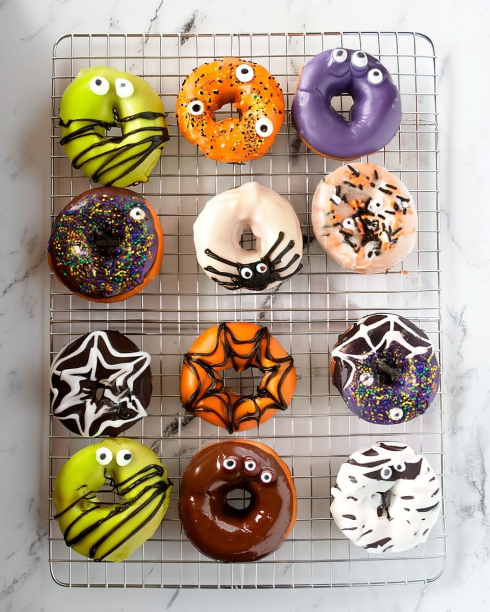 The image shows a group of Halloween-themed donuts arranged on a wire rack over a white marbled surface. In the front center, there is a purple donut covered in small round sprinkles of green, orange, and black with three white candy eyeballs placed on top. Behind it, there is an orange donut with black spider web icing. To the left front, a green donut with black zigzag icing is partially visible. Other donuts in the background include white donuts with black spider designs, orange donuts, and purple donuts with various Halloween decorations like sprinkles and icing patterns. The donuts have a soft, cake-like texture and are placed evenly on the rack. photo taken with an iphone --ar 4:5 --v 7