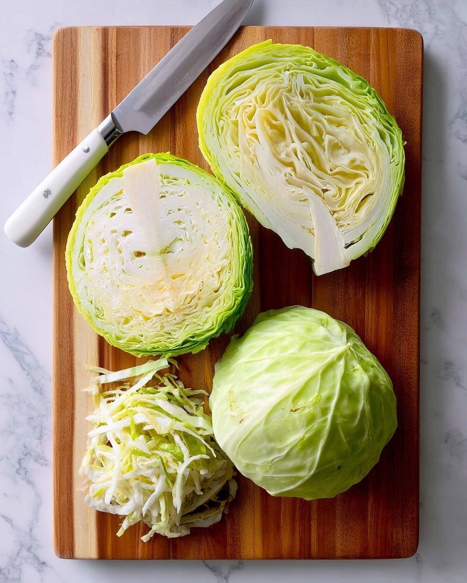 The image shows a wooden cutting board placed on a white marbled surface. On the board, there is a large knife with a silver blade and white handle, positioned near the top left corner. Two large pieces of cabbage are placed near the top right, one quartered and one half, showing layers of light green and white inside. At the bottom left, thin strips of shredded cabbage are spread in a small pile, showing a mix of white and pale green colors. Photo taken with an iphone --ar 4:5 --v 7