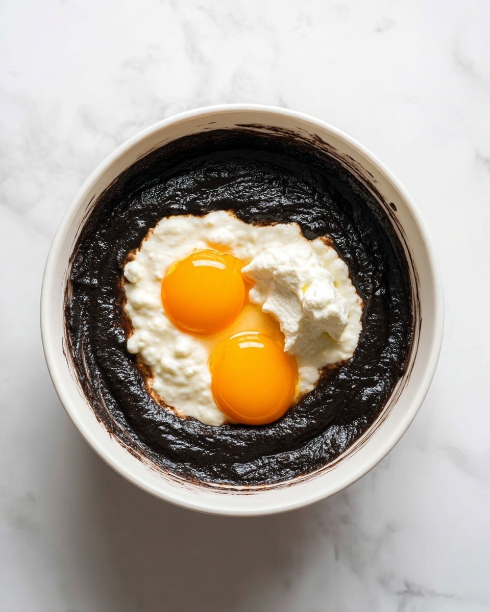 In the image, there is a white mixing bowl filled with a thick black batter spread evenly inside it. On top of the batter, slightly off-center, there are two bright orange egg yolks and a white fluffy dollop of a creamy ingredient, showing a contrast of colors and textures. The bowl sits on a white marbled surface that adds a clean and bright background to the dark mixture. The batter has a smooth yet textured appearance with some shine, and the white cream and egg yolks create a layered look in the middle. photo taken with an iphone --ar 4:5 --v 7