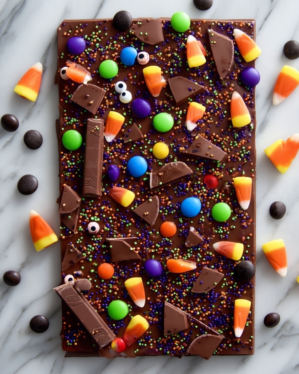A flat layer of smooth, dark brown chocolate covers the entire surface, sprinkled with small round sprinkles in bright Halloween colors: orange, green, purple, and black. On top, there are broken pieces of chocolate bars, some rectangular and some quarter-circle shaped, randomly placed. Mixed among them are colorful candy-coated chocolate pieces in blue, green, red, and yellow. Several candy corns with yellow, orange, and white layers are scattered around, along with small candy eyes grouped in pairs. The whole scene rests on a white marbled surface. photo taken with an iphone --ar 4:5 --v 7