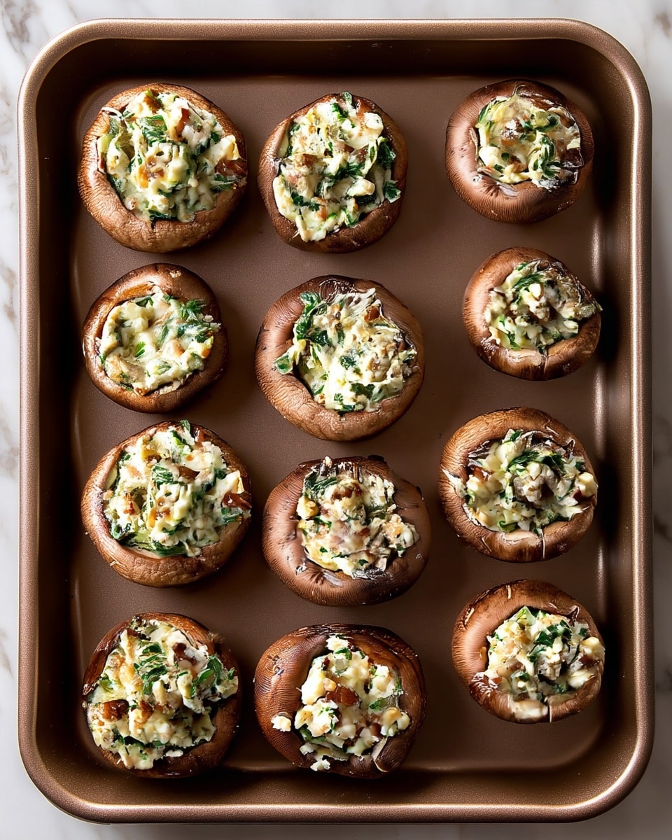 The image shows a close-up of twelve medium brown mushrooms placed in a baking tray. Each mushroom is stuffed with a creamy mixture of white cheese, green herbs, and small bits of brown mushrooms, filling the hollow caps. The mushrooms are arranged in three rows with four in each row, evenly spaced. The baking tray is a soft brown color, and the surface underneath is a white marbled texture. The lighting is natural, highlighting the creamy filling and the smooth, slightly textured mushroom caps. photo taken with an iphone --ar 4:5 --v 7
