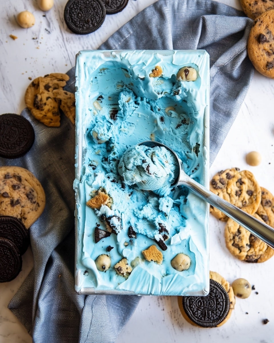 A rectangular tub filled with light blue ice cream mixed with chunks of cookies and whole macadamia nuts scattered throughout, with a shiny silver ice cream scoop lifting a round, textured scoop of the same blue ice cream in the center. The tub is set on a soft blue-gray cloth, and around it are scattered chocolate chip cookies and Oreo cookies on a white marbled surface. photo taken with an iphone --ar 4:5 --v 7