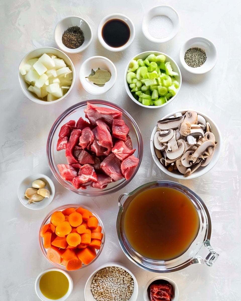 The image shows several small white bowls and a clear glass measuring cup arranged on a white marbled surface. There is a white bowl filled with diced white onions at the top left, a bowl with dried herbs, a bowl with dark soy sauce, one with salt, and another with black pepper in a row at the top. Below these, from left to right, there is a bowl of chopped celery with light green color, a bowl filled with sliced mushrooms showing white and brown textures, and a central clear bowl containing bright red raw beef chunks. At the bottom left, a small bowl has peeled garlic cloves, next to it a round clear bowl contains sliced orange carrots. A small white bowl holds olive oil with a yellow tone, a white bowl has light brown grains, and another has a dollop of red paste. The clear glass measuring cup is filled with brown broth and is placed centrally near the bottom. All items are neatly spaced on the white marbled surface. Photo taken with an iphone --ar 4:5 --v 7
