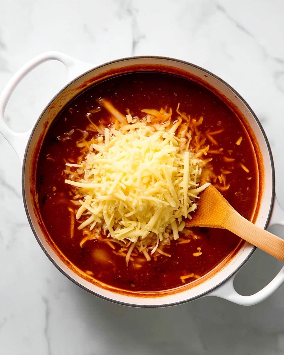 The image shows a white pot filled with deep reddish-brown soup, topped with a mound of shredded light yellow cheese in the center that is slightly melting into the hot liquid. A wooden spoon is resting inside the pot on the right side, its tip touching the cheese and soup mixture. The pot sits on a white marbled surface which adds a clean and bright contrast to the warm colors of the dish. Photo taken with an iphone --ar 4:5 --v 7