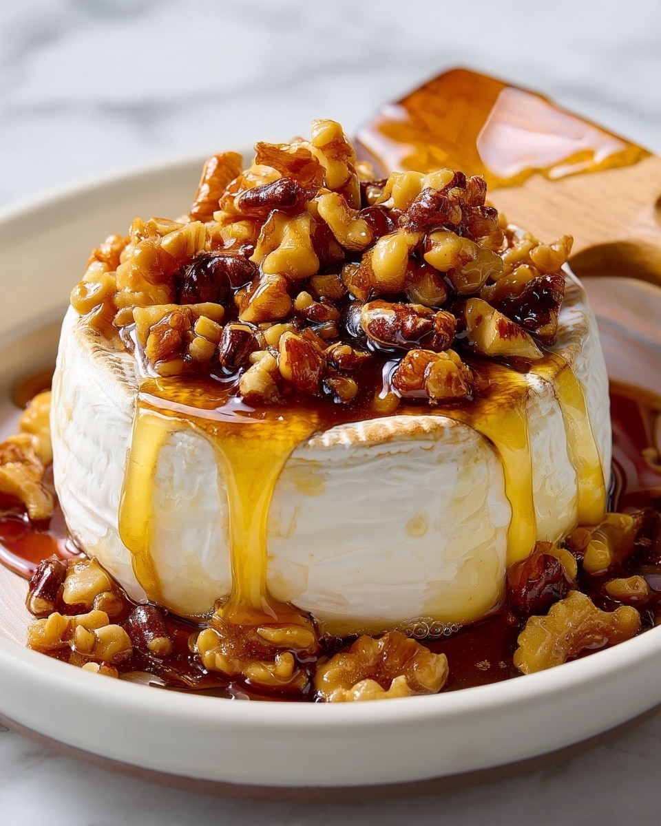 A white ceramic plate holds a soft wheel of creamy cheese with a white rind, partially sliced to reveal the smooth, pale yellow inside. The top of the cheese is covered with rough, chunky walnut pieces, soaked slightly in a shiny, dark amber syrup that pools generously around the cheese on the plate. A woman's hand is gently lifting a wedge, showing the melting texture of the cheese under the nuts and syrup. The plate sits on a white marbled surface. photo taken with an iphone --ar 4:5 --v 7