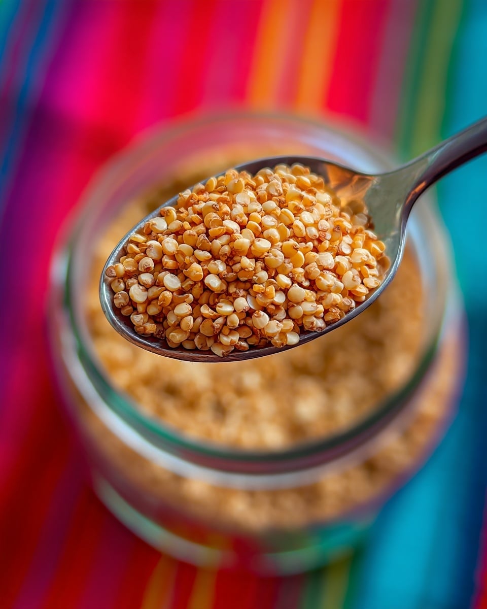 A close-up image shows a metal spoon holding small round beige grains that look dry and slightly rough in texture, with more of the same grains visible piled inside a glass jar below the spoon. The background is colorful with blurred stripes in red, orange, yellow, green, and blue hues. The focus is sharp on the grains and the spoon, highlighting their shape and texture. photo taken with an iphone --ar 4:5 --v 7