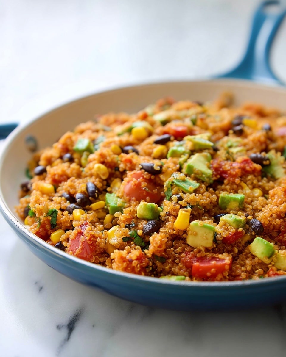 A blue cooking pan filled with a colorful quinoa salad sits on a white marbled surface. The quinoa grains form a fine orange base, scattered with bright yellow corn kernels, small green avocado pieces, black beans, and red tomato bits. The mix is evenly spread across the pan, showing a texture that looks soft yet slightly firm, with scattered small green herbs adding freshness. The pan handle is visible in front with the brand name embossed. The background shows a soft, out-of-focus blue and white cloth. Photo taken with an iphone --ar 4:5 --v 7