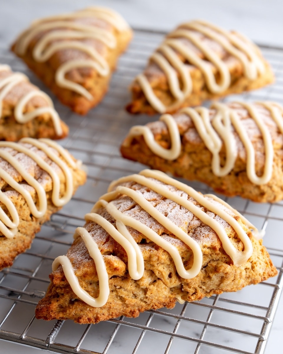 Several golden brown scones rest on a silver wire cooling rack above a white marbled surface. Each scone shows a rough textured crust with a slightly crumbly look. They are decorated with thick, pale cream-colored icing drizzled in evenly spaced lines across the top of each scone. The scones are arranged close to each other, highlighting their triangular shape and warm baked color. Photo taken with an iphone --ar 4:5 --v 7