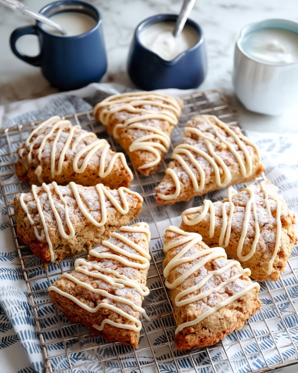 The image shows eight triangular scones arranged on a cooling rack placed over a white cloth with blue leaf patterns, all on a white marbled surface. Each scone has a light brown, crumbly texture with a dusting of powdered sugar, and pale cream-colored icing drizzled in a loose zigzag pattern across the top. In the background, there are two small blue ceramic jars, one with a spoon inside and the other filled with white cream, slightly blurred. A thin metallic skewer rests across the jars, adding a straight line element to the composition. The overall look is warm and inviting with soft, natural lighting. photo taken with an iphone --ar 4:5 --v 7