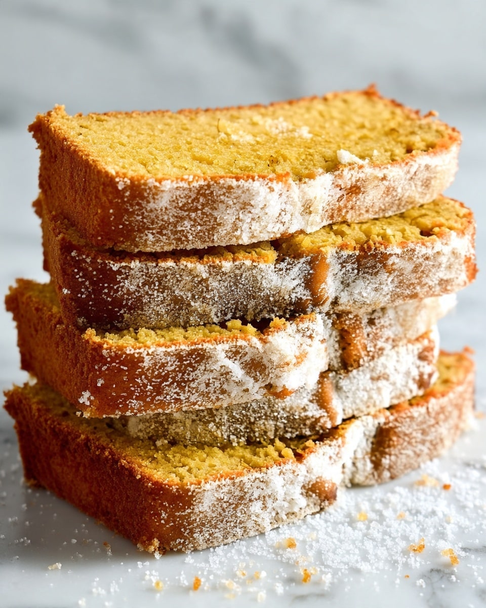 A loaf of brown cake is on a white marbled surface, partially sliced into thick pieces with light sugar sprinkled on top of each slice. The texture of the cake looks soft and dense, with a slightly rough crust on the outside. Two slices are laid flat next to the main part of the loaf, showing the moist and grainy inside. Some sugar crumbs are scattered on the white marbled surface around the cake. photo taken with an iphone --ar 4:5 --v 7