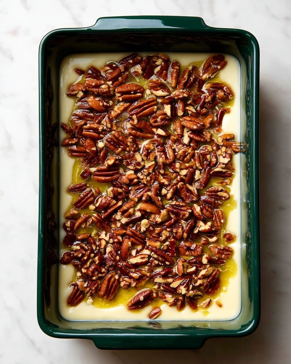 A white rectangular baking dish filled with one visible thick layer of light cream-colored batter, topped with a scattered layer of brown pecan nuts. The dish is placed on a white marbled surface. The edges of the dish have a slightly raised design with handles on each side. photo taken with an iphone --ar 4:5 --v 7
