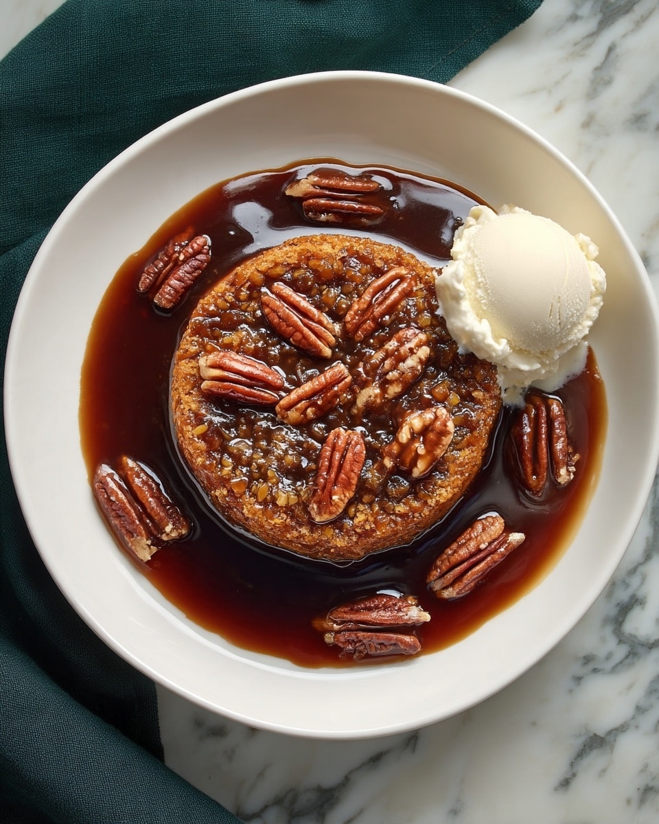A white oval baking dish holds a warm dessert with two layers; the top layer is golden brown and covered with a thick, crunchy layer of chopped pecans, while the bottom layer is a rich, smooth caramel sauce visible through a large serving scoop taken out from the front. The dessert sits on a white marbled surface with a dark blue and white striped cloth partially under the dish. The texture on top looks crisp and nutty, contrasting with the glossy, sticky filling below. Photo taken with an iphone --ar 4:5 --v 7
