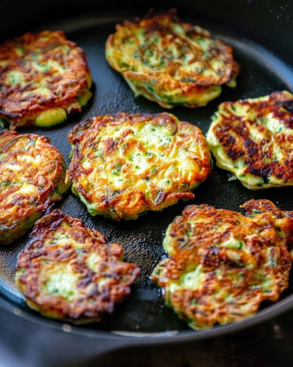 The image shows six golden-brown patties frying inside a black pan. Each patty has a round shape with uneven edges and a crispy texture on top, showing parts of light green and hints of dark green herbs or veggies mixed inside. The patties are spread evenly in the pan, with some small gaps between them, and their surfaces have a mix of crunchy brown spots and lighter, soft-looking areas. The pan has a matte black surface with a slightly rough texture that contrasts with the crispy patties. The background is not visible as the focus is on the cooking pan and its contents. photo taken with an iphone --ar 4:5 --v 7