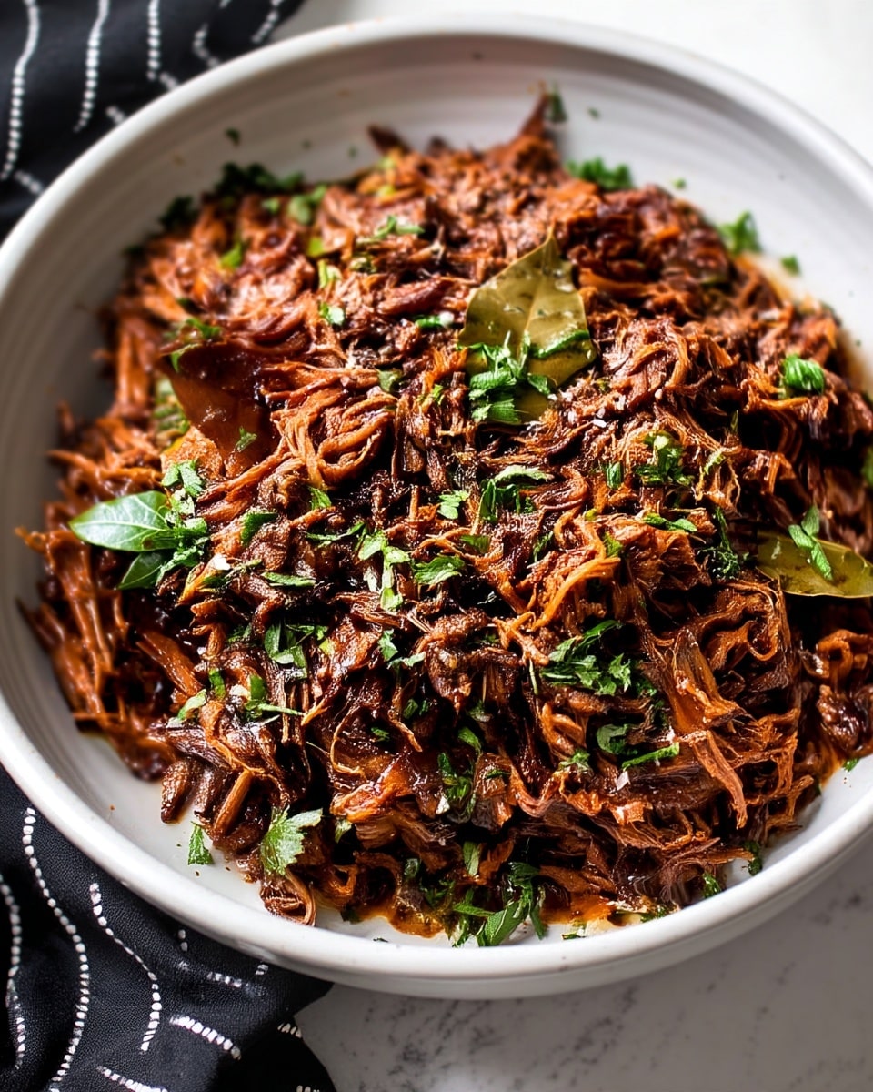 A large white bowl is filled with a dark brown shredded meat dish that has a moist, fibrous texture. The meat is mixed with a few whole green bay leaves and sprinkled generously with chopped fresh green herbs, likely cilantro, and coarse salt grains. The meat sits on a white marbled surface, and a black cloth with white stripes is partially visible under the bowl. The photo taken with an iphone --ar 4:5 --v 7