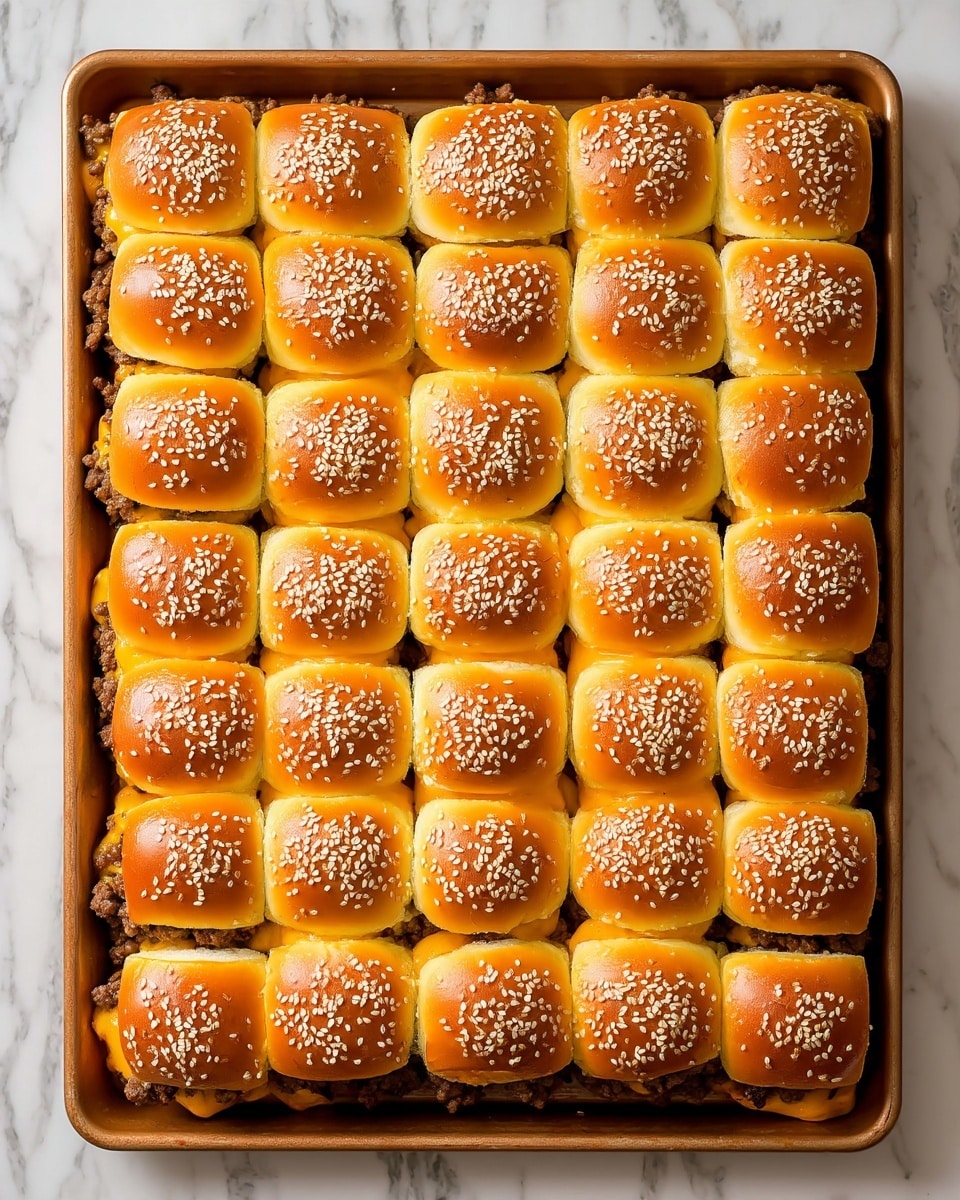 The image shows a tray of 24 soft, golden brown slider buns arranged in four rows and six columns. Each bun is topped with white sesame seeds, giving a textured look. The buns are sliced horizontally, with a dark brown ground meat filling and melted orange cheese sandwiched between the top and bottom halves. The buns are on a tan baking tray, placed on a white marbled surface. The entire arrangement looks warm and fresh. photo taken with an iphone --ar 4:5 --v 7
