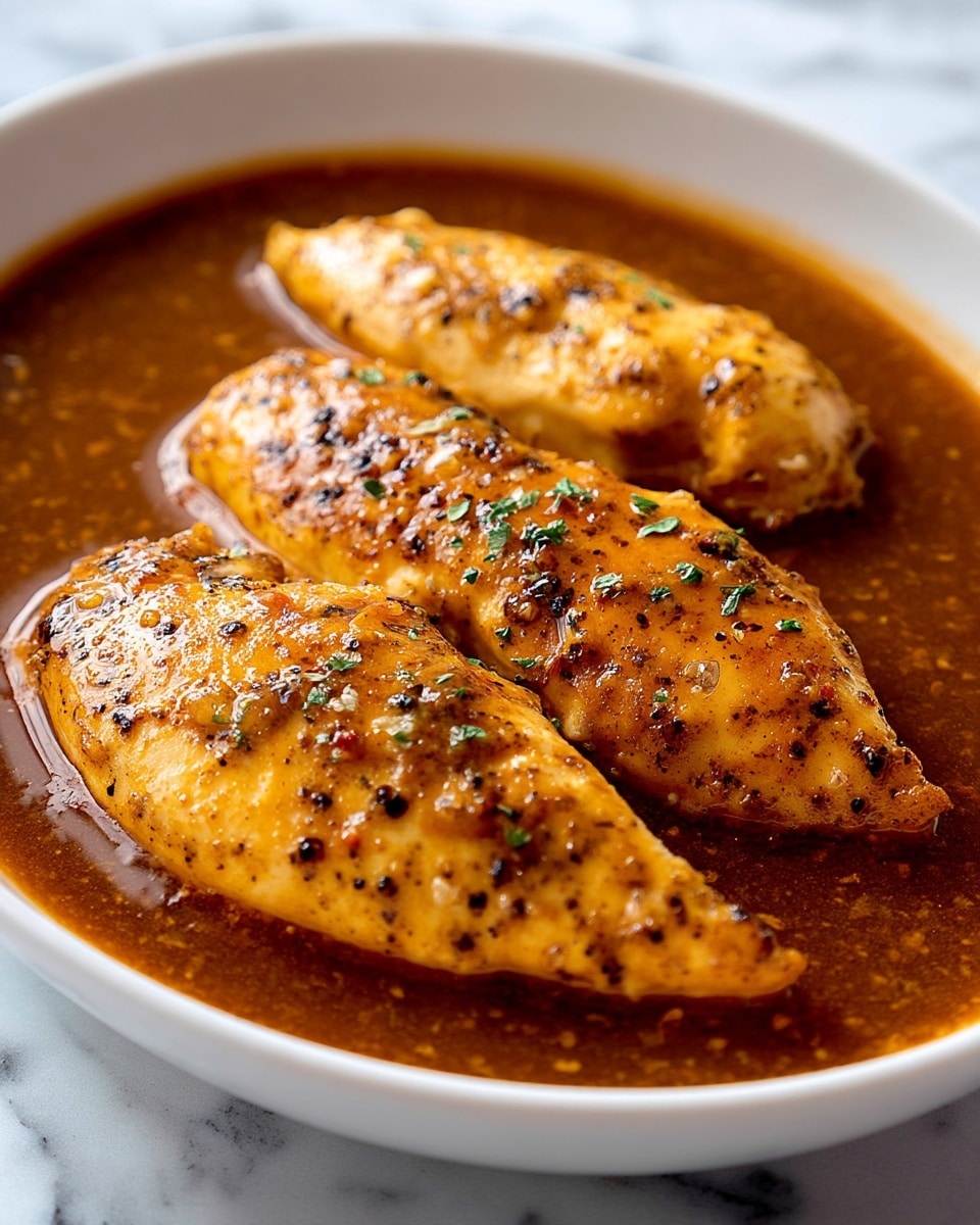 The image shows three cooked chicken pieces in a brown sauce, arranged close together in a shallow white dish. Each chicken piece is golden-yellow with a slightly crispy texture, speckled with black pepper and small bits of seasoning. The sauce is thick and smooth, surrounding the chicken evenly with a rich brown color. The background is a white marbled texture that contrasts with the dish's warm tones. Photo taken with an iphone --ar 4:5 --v 7