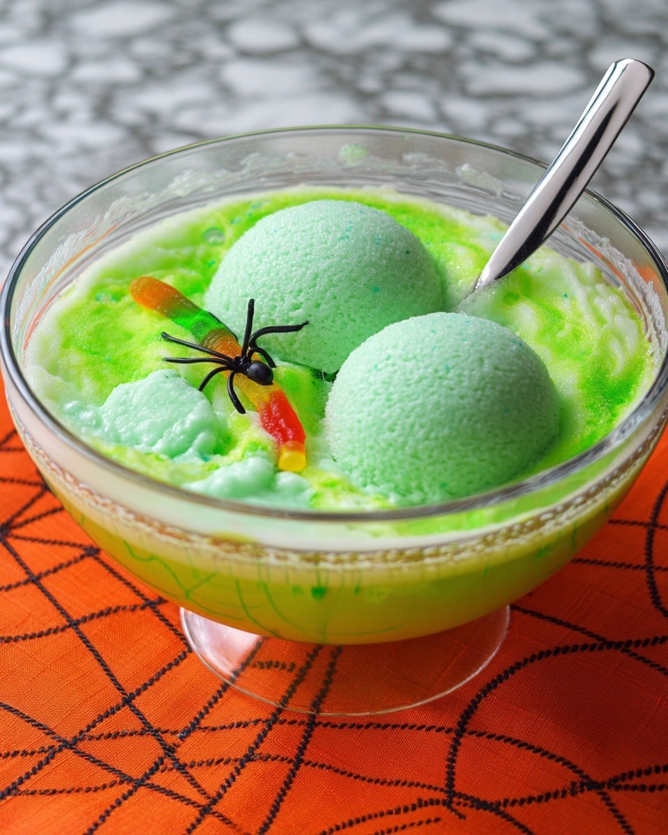 A clear glass bowl sits on a white marbled surface, filled with a foamy, light green liquid that has swirls of brighter lime green floating on top, giving it a textured look. A silver metal spoon is placed in the bowl, partially submerged in the liquid with its handle resting on the edge. Around the bowl, there are a few gummy worms with red, yellow, and orange colors scattered on the surface, adding small pops of bright color. Near the bowl’s edge, two small black spider-shaped decorations rest on the white marbled surface. photo taken with an iphone --ar 4:5 --v 7