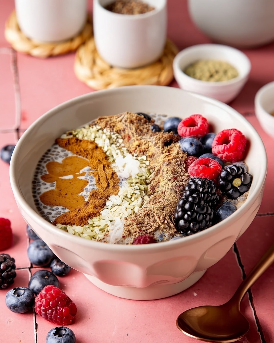 A white bowl filled with a creamy chia seed pudding base topped in neat rows: a swirl of almond butter on the left, followed by a curved layer of light brown cinnamon powder, a layer of small white hemp seeds, a stripe of brown ground flaxseed mixed with tiny seeds and some blueberries, and on the right side, fresh berries including blackberries, blueberries, and raspberries arranged close together. The bowl sits on a pink tiled surface with scattered berries around it and a bronze spoon on the right side. Additional small white bowls with seed mixes and a white bowl on a woven coaster appear blurred in the background. Photo taken with an iphone --ar 4:5 --v 7