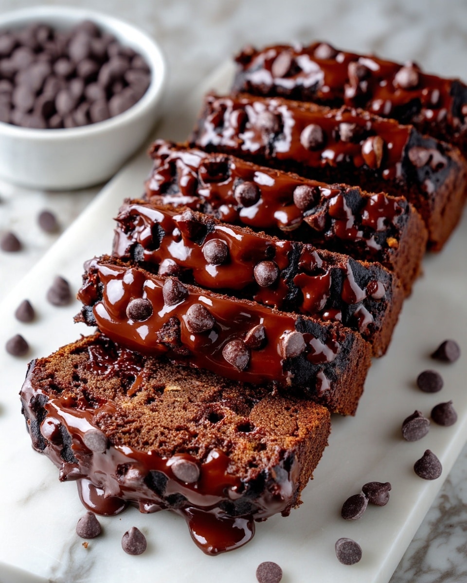 The image shows three slices of chocolate cake stacked slightly overlapping on a white marbled surface. The top slice reveals a soft, moist interior with a dense texture studded with small chocolate chips. The edge of the cake is thickly covered in glossy, dark chocolate frosting with some chocolate chips stuck on it. Nearby, scattered chocolate chips add detail around the cake. In the background, a glass of white milk adds contrast to the dark chocolate cake. A knife with a silver blade is placed beside the slices on the surface. photo taken with an iphone --ar 4:5 --v 7