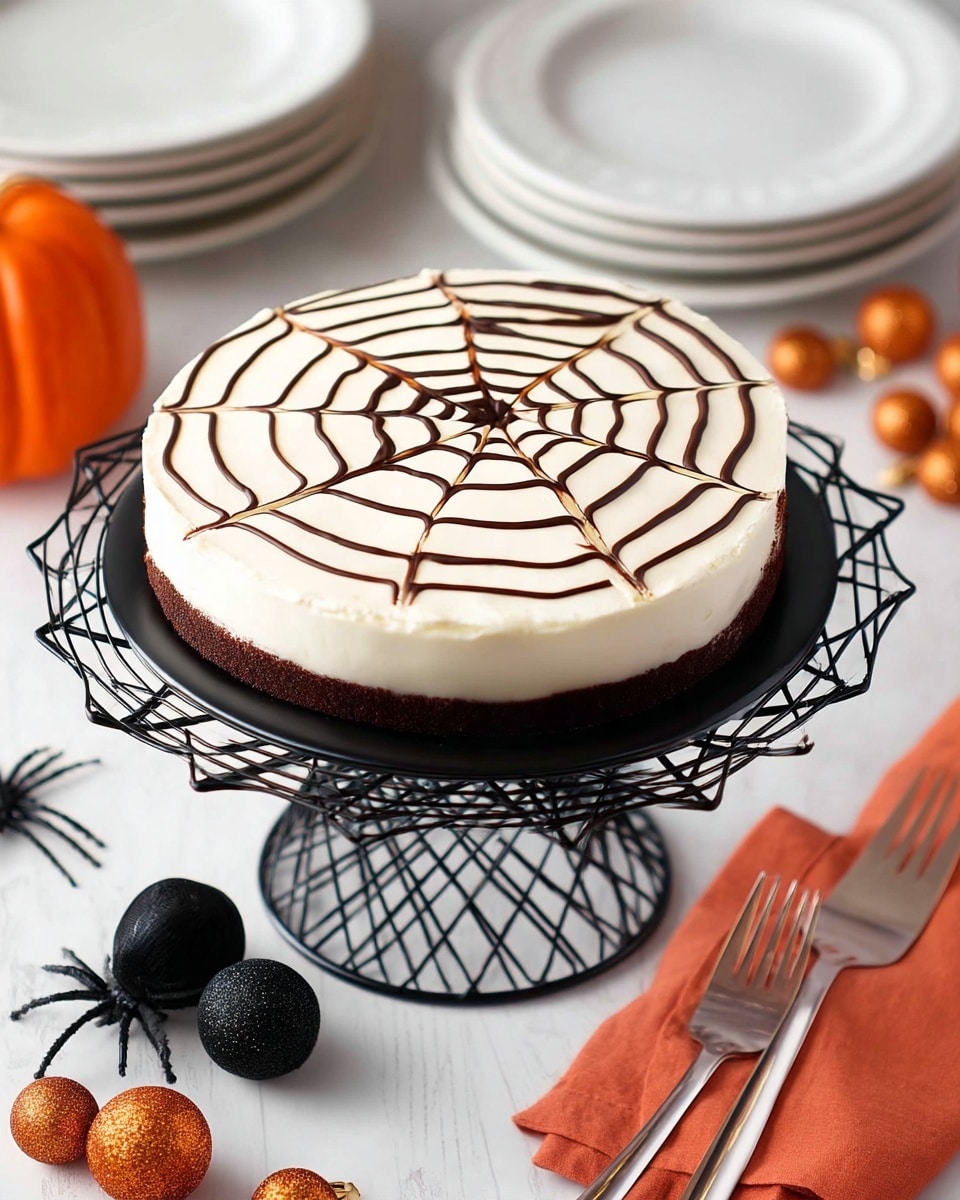 A round cake with a smooth white cream top layer is decorated with a dark brown chocolate spiderweb pattern, with eight radial lines connected by curved lines in between. The cake is on a black wire cake stand shaped like a spiderweb, sitting on a white marbled surface. Around the cake are Halloween decorations including black toy spiders, small orange glitter balls, a metal fork, a white stack of plates, and an orange napkin. Photo taken with an iphone --ar 4:5 --v 7