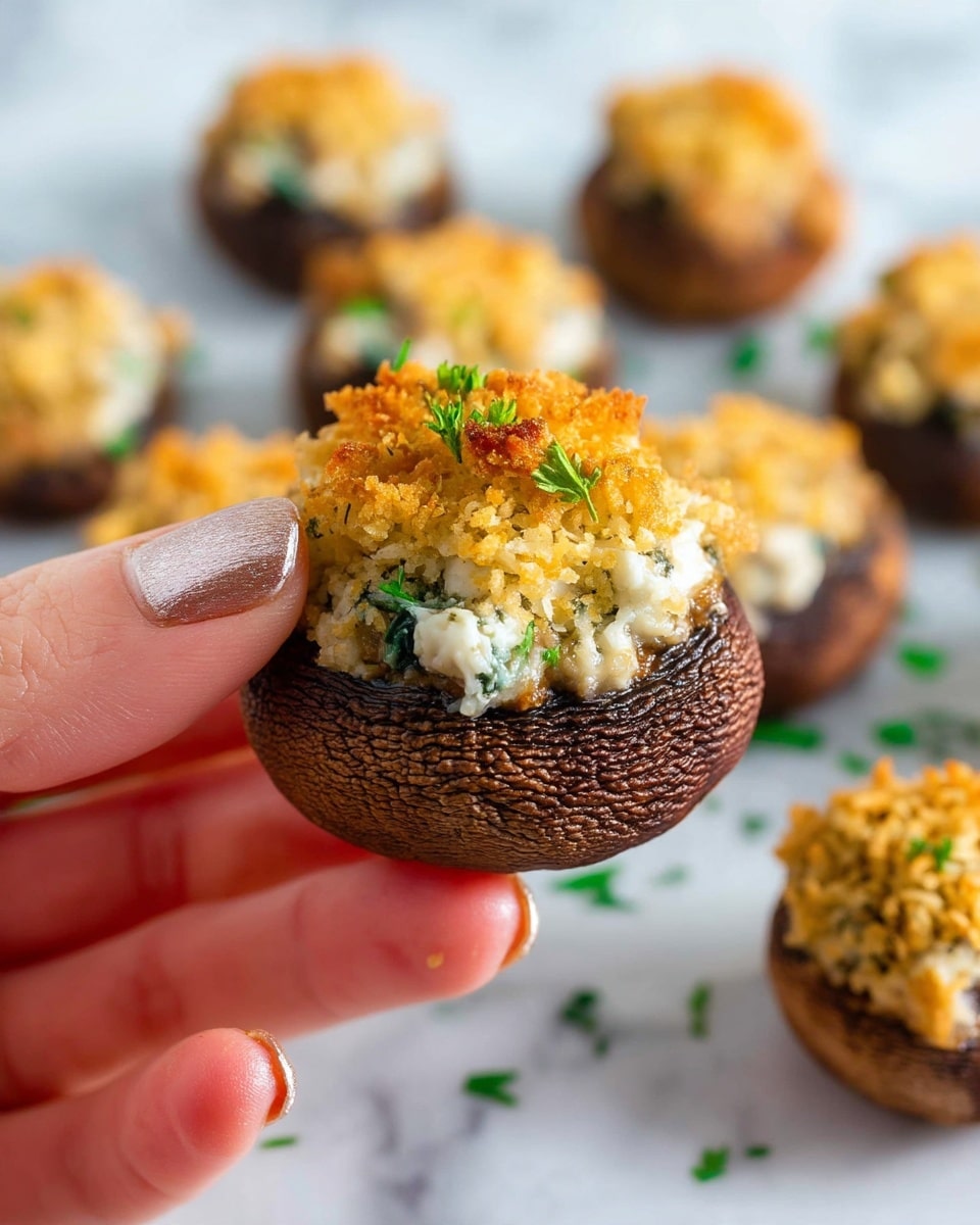 A close-up view of a stuffed mushroom held gently by a woman's hand with painted nails, showing three clear layers: the dark brown mushroom base with a slightly wrinkled texture, a creamy white filling mixed with green herbs in the middle, and a golden brown crispy breadcrumb topping with small bits of green garnish on top. More stuffed mushrooms are arranged closely on a white marbled surface in the background, some sprinkled with green herbs, giving a fresh and appetizing look. photo taken with an iphone --ar 4:5 --v 7