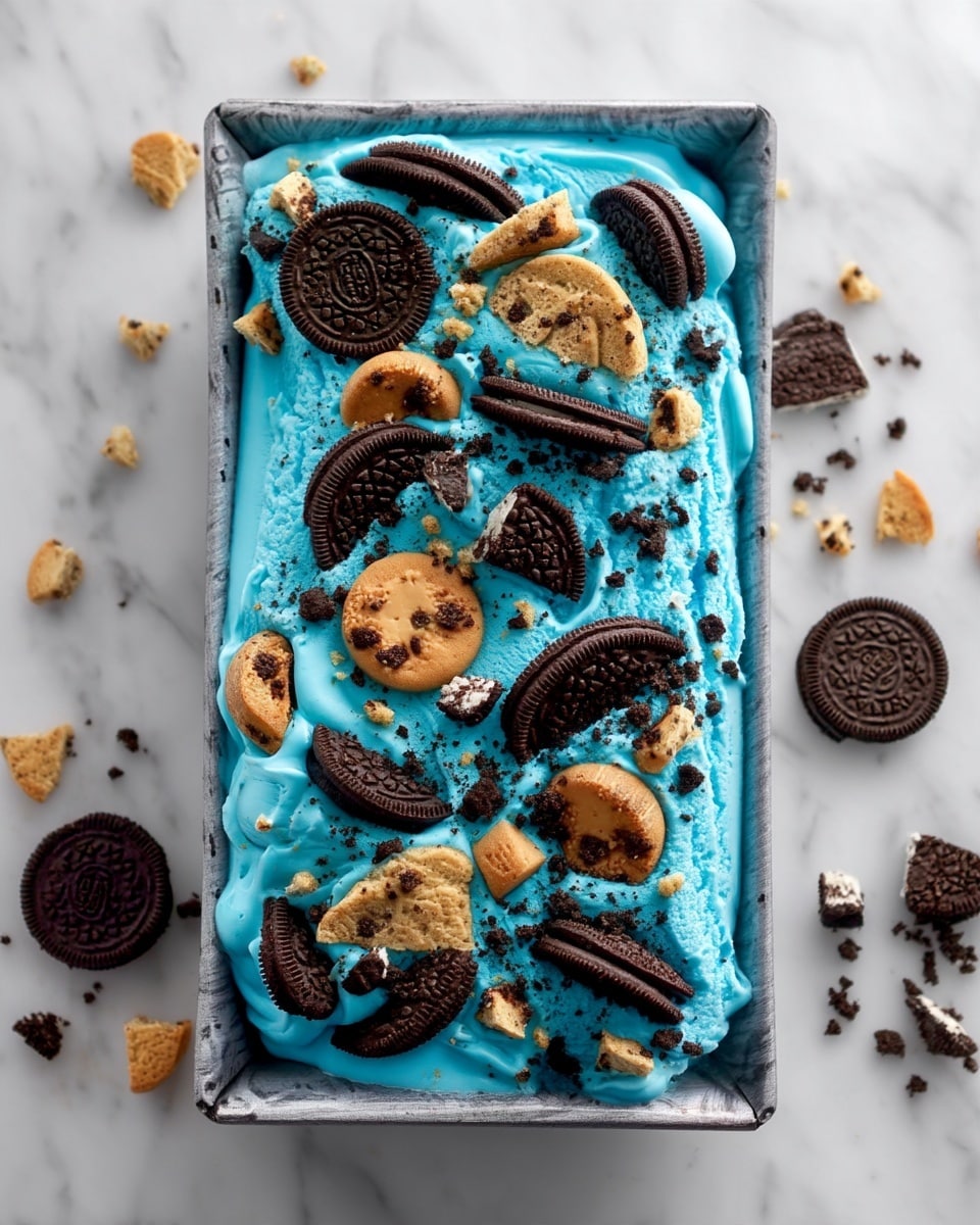 The image shows a rectangular metal pan filled with bright blue ice cream. The ice cream is topped with broken pieces of chocolate sandwich cookies and small chocolate chip cookies scattered evenly on the surface. The cookie pieces are a mix of whole, halved, and crumbled bits, creating a varied texture on top of the smooth, fluffy ice cream. The pan is placed on a white marbled surface with some crumbled cookies around it. Photo taken with an iphone --ar 4:5 --v 7