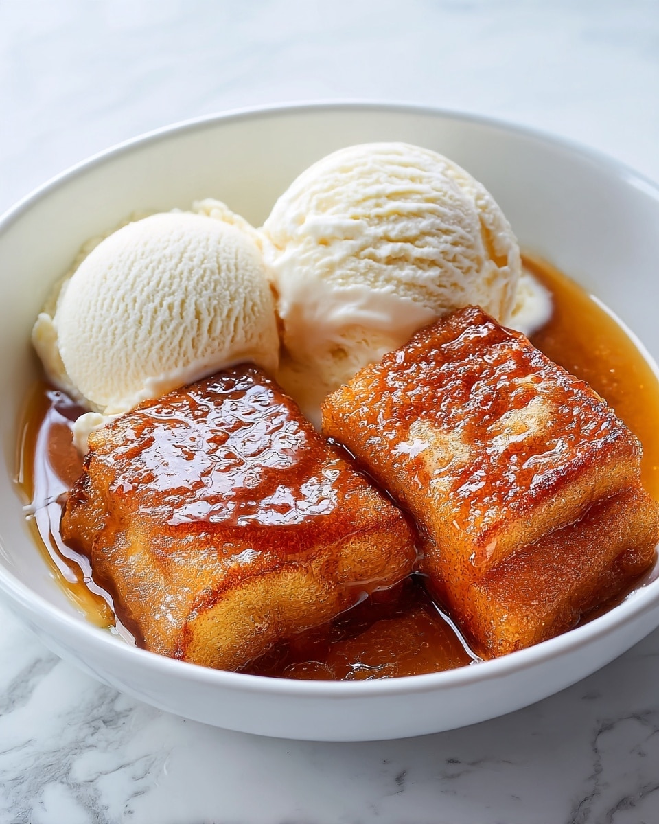 The image shows a white bowl filled with two golden brown fried pieces soaked in syrup, placed side by side. On the left side of the bowl, there are two scoops of creamy vanilla ice cream with a smooth texture, slightly melting onto the fried pieces. The bowl sits on a white marbled surface, and the warm syrup on the fried pieces shines under soft light, making the colors rich and inviting. Photo taken with an iphone --ar 4:5 --v 7