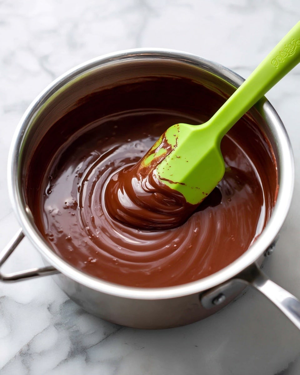 A close-up view of a shiny silver saucepan filled with smooth, melted chocolate that has a rich, deep brown color and creamy texture. In the center, a bright green silicone spatula stirs the chocolate gently, with the spatula's edges coated with the glossy chocolate. The saucepan is set on a white marbled surface that softly reflects light. photo taken with an iphone --ar 4:5 --v 7