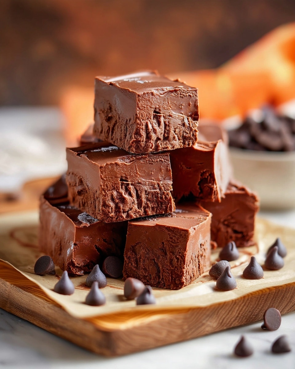 A close-up view of a stack of nine rich chocolate fudge cubes arranged in three layers, each cube showing a dense, smooth texture on top and a slightly rougher texture on the sides and bottom. The fudge has a deep brown color with a creamy shine on the upper surface and crumbly, matte sides. Around the base, a few dark chocolate chips are scattered on light-colored parchment paper, all placed on a wooden textured base over a white marbled surface. The background is softly blurred to focus on the fudge pieces photo taken with an iphone --ar 4:5 --v 7