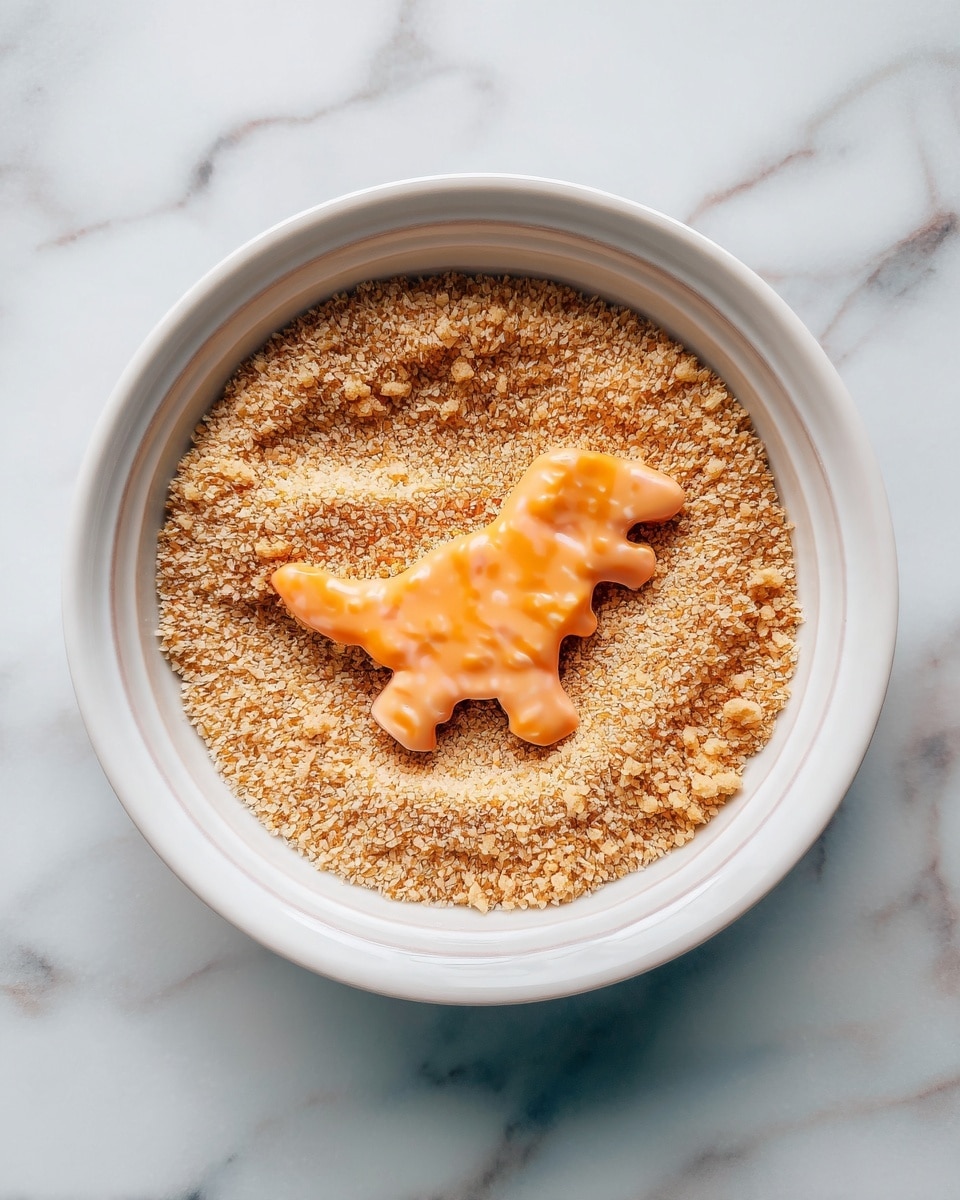 A white ceramic shallow bowl on a white marbled surface holds light brown fine crumbs spread evenly inside it. In the middle of the crumbs is a light orange raw piece shaped like a dinosaur, with a smooth, slightly wet texture. The crumbs create a rough, grainy texture that contrasts with the smoothness of the dinosaur-shaped piece. The scene is softly lit, highlighting the textures and colors clearly. photo taken with an iphone --ar 4:5 --v 7
