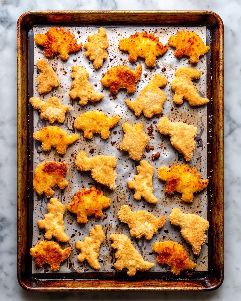 The image shows a baking tray covered with crispy, golden-brown dinosaur-shaped nuggets. Each nugget has a crunchy, textured coating with small darker spots where the crust is more toasted. The shapes include different types of dinosaurs, arranged unevenly but filling almost the entire tray. The tray surface underneath has some browned spots and shiny oil marks spread around the nuggets. The background is a white marbled texture. photo taken with an iphone --ar 4:5 --v 7