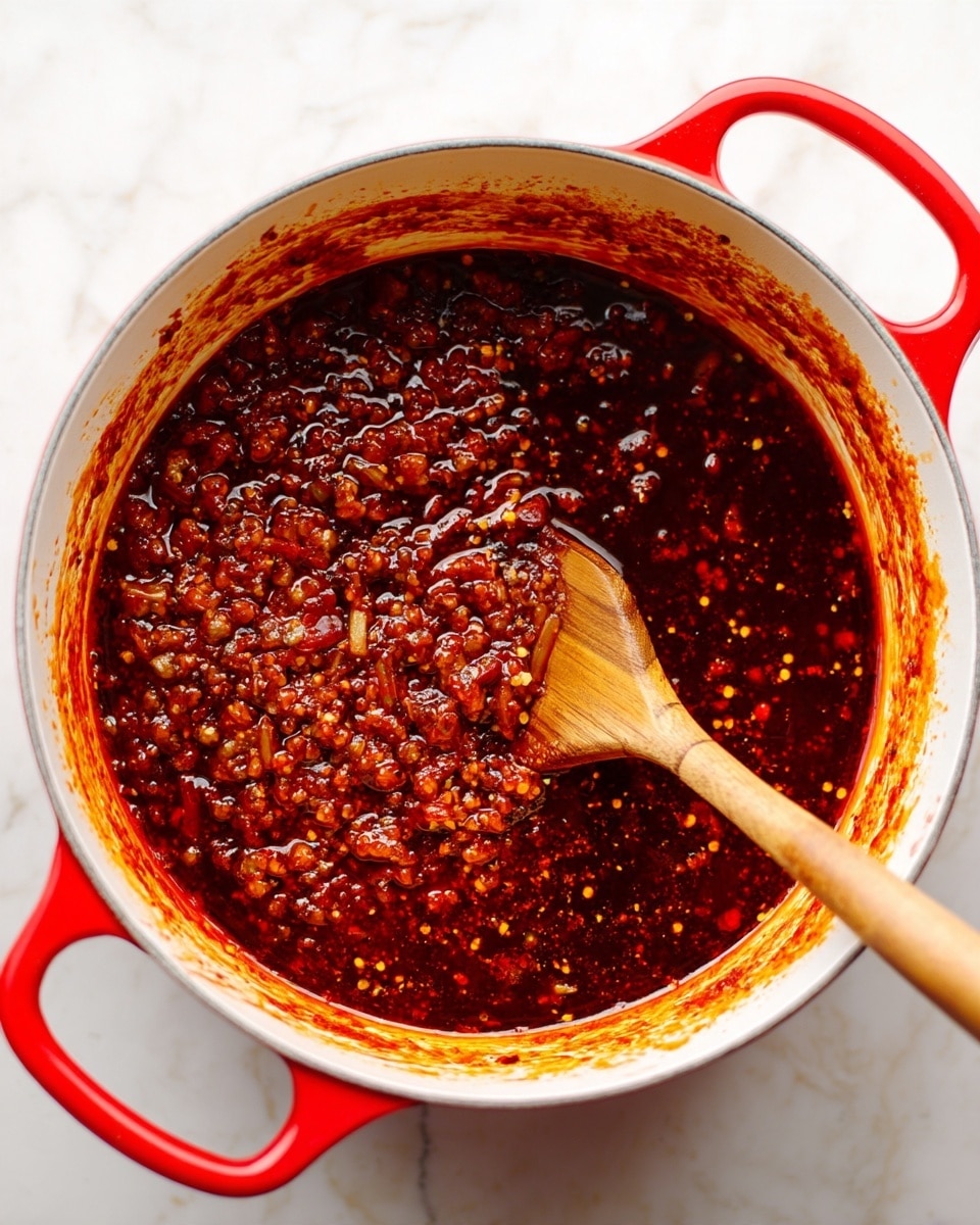 A bright red cooking pot filled with thick, dark red sauce with visible small chunks, stirred by a wooden spoon inside the pot. The pot sits on a white marbled surface, showing some splashes of sauce on the inside edges. The sauce has a rich, hearty texture with a mix of darker and lighter red spots. Photo taken with an iphone --ar 4:5 --v 7