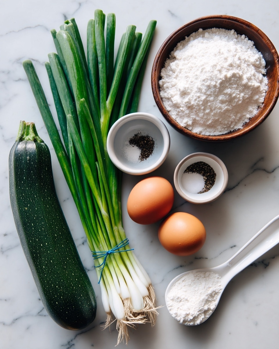The image shows two dark green zucchinis on the left, next to a bundle of green onions tied with a blue rubber band. To the right, there are two brown eggs placed side by side. Above the eggs are three small bowls: a wooden one with white salt, a white bowl with black pepper, and a white bowl with a small amount of white powder. Below the eggs is a large white spoon filled with white flour. All items lie on a white marbled surface. photo taken with an iphone --ar 4:5 --v 7