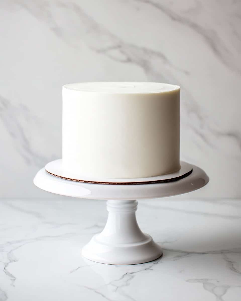 A smooth, tall, round white cake with clean edges sits on a simple white cake stand with a small pedestal. The cake surface is plain and even, showing no decorations or textures. The background and surface are white marbled, giving a soft and light feel to the image. Photo taken with an iphone --ar 4:5 --v 7