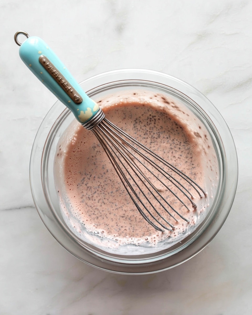 A clear glass bowl sits on a white marbled surface, filled with a pale pink mixture that is frothy and dotted with small dark specks all over. Inside the bowl, a whisk with a worn, light blue handle and silver wires is partially submerged in the mixture, slightly stirring it. The texture of the mixture looks light and airy with bubbles visible on the surface. photo taken with an iphone --ar 4:5 --v 7