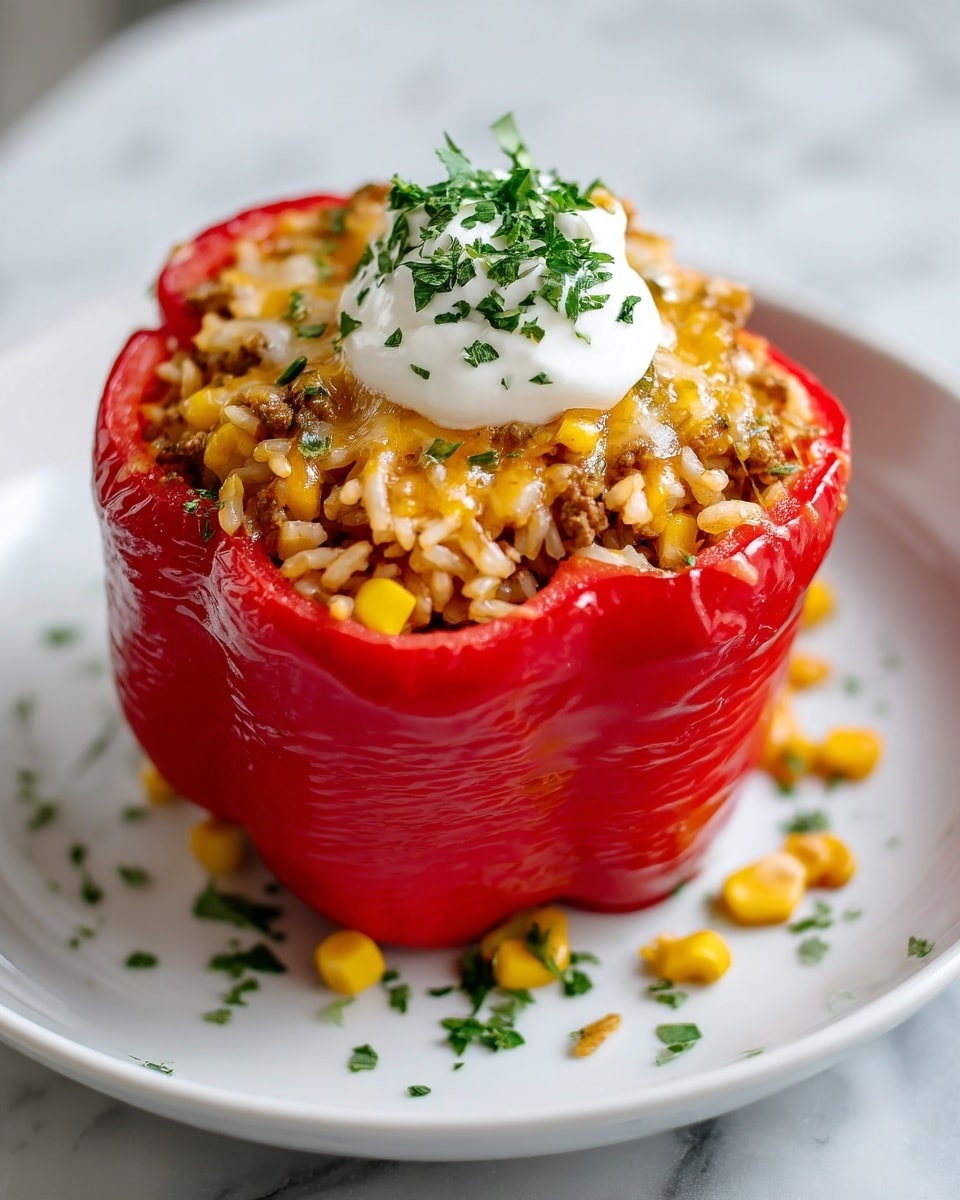The image shows five bright red bell peppers standing upright in a white round dish on a white marbled surface. Each pepper is hollowed and filled with a yellowish, slightly melted cheese layer on top, garnished with small green herb pieces. Beneath the cheese, the filling looks chunky with bits of corn and possibly ground meat or vegetables, showing a textured mix inside the peppers. The tops of the peppers are crinkled and slightly wrinkled from cooking. The focus is on the front one, with the others softly blurred in the background. Photo taken with an iphone --ar 4:5 --v 7