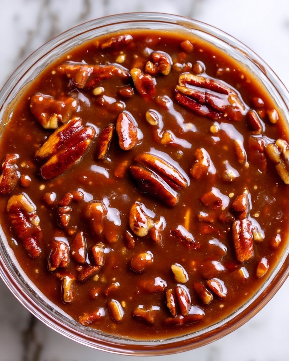 A close-up of a clear glass bowl filled with thick, glossy brown sauce mixed with whole and chopped pecans evenly spread throughout. The texture of the sauce is smooth and shiny, coating the pecans fully, with a rich caramel color and small highlights from the light. The bowl edges are visible, showing the sauce clinging slightly to the sides. The background is a white marbled texture photo taken with an iphone --ar 4:5 --v 7