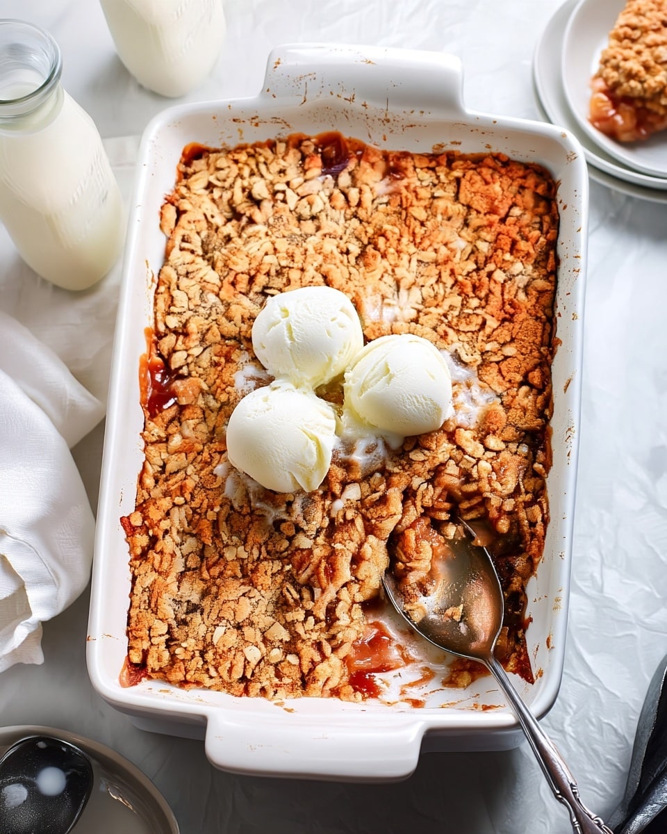 A white plate holds a dessert with two main parts: on the left, a thick layer of golden brown oat crumble that looks crunchy, mixed with soft, caramel-colored cooked apple slices underneath; on the right, a round scoop of smooth, white ice cream beginning to melt slightly, blending edges into the crumble. A silver fork lies on the left side of the plate, touching the crumble. The plate sits on a white marbled surface with a slightly crumpled white cloth nearby, and bits of crumble scattered gently around. In the background, there are parts of two more white plates with similar dessert. Photo taken with an iphone --ar 4:5 --v 7