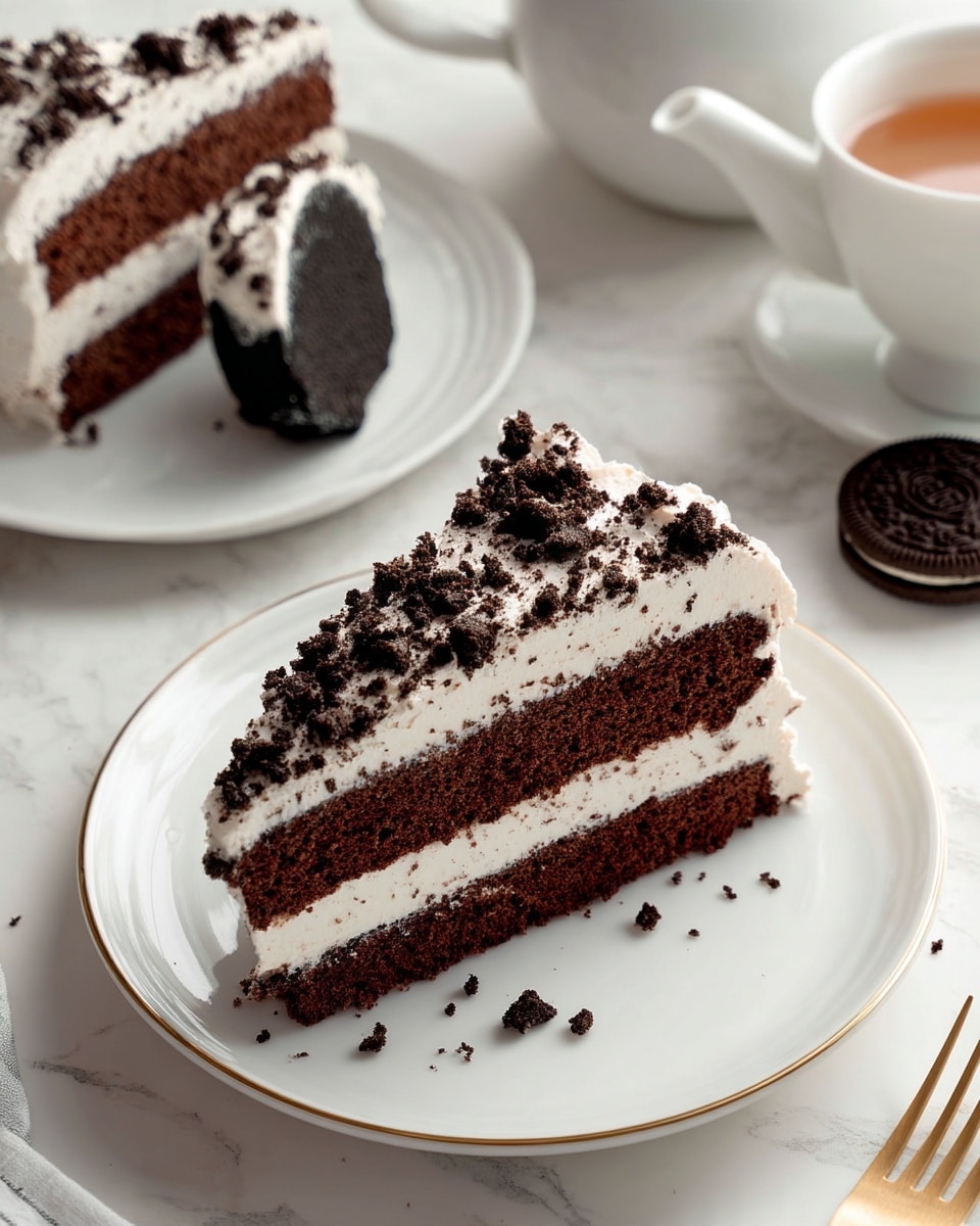 The image shows a slice of dark chocolate cake with a thick layer of white cream frosting on top, sprinkled with small pieces of chocolate cookie crumbs. The cake slice is placed on a white plate with gentle curves on the edge. In the background, there is a larger cake with the same layers and frosting, partly cut, displayed on another white plate. To the right, there's a glass of milk with a bent metal straw inside and some stacked chocolate sandwich cookies beside it. The scene sits on a white marbled surface with scattered cookie crumbs around the plate. photo taken with an iphone --ar 4:5 --v 7