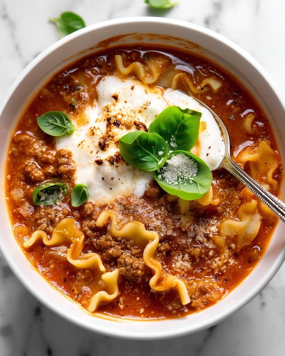 A white bowl filled with rich, thick red tomato soup with visible small bits of meat and sauce texture, layered with curly pasta pieces floating throughout. On top, there is a layer of soft melted white cheese with some brown grilled spots. Three fresh green basil leaves with some grated white cheese sprinkled on them rest on the soup surface for garnish. A spoon resting in the bowl holds a mix of the soup and pasta, showing the creamy blend of red sauce and white cheese. The background features a white marbled surface, and a light-colored cloth is partly visible to the side. Photo taken with an iphone --ar 4:5 --v 7