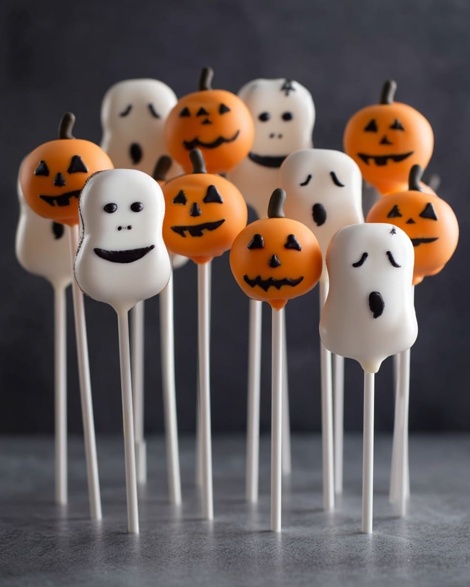 The image shows a collection of Halloween-themed cake pops on white sticks, standing upright against a dark background. The cake pops are shaped and decorated to look like small pumpkins and ghosts. The pumpkin cake pops are round, orange with black carved faces, and have small black stems on top, showing smiling or spooky expressions. The ghost cake pops are white, with smooth textures and simple black eyes and mouths, some with one or two lines for details like a sad or stitched mouth. They are arranged in rows, with a mix of pumpkin and ghost designs placed alternately. The photo is taken with an iphone --ar 4:5 --v 7