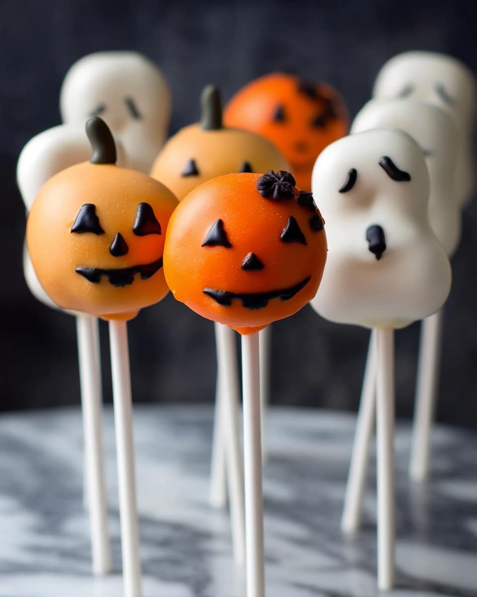 The image shows several cake pops on white sticks arranged close together. In the front, there is a round cake pop covered with orange icing resembling a pumpkin with black eyes, nose, mouth, and a small black stem on top. Behind it, there are cake pops shaped like ghosts with white icing and simple black eyes and mouth. The background is dark, making the cakes stand out clearly. The surface is a white marbled texture. photo taken with an iphone --ar 4:5 --v 7