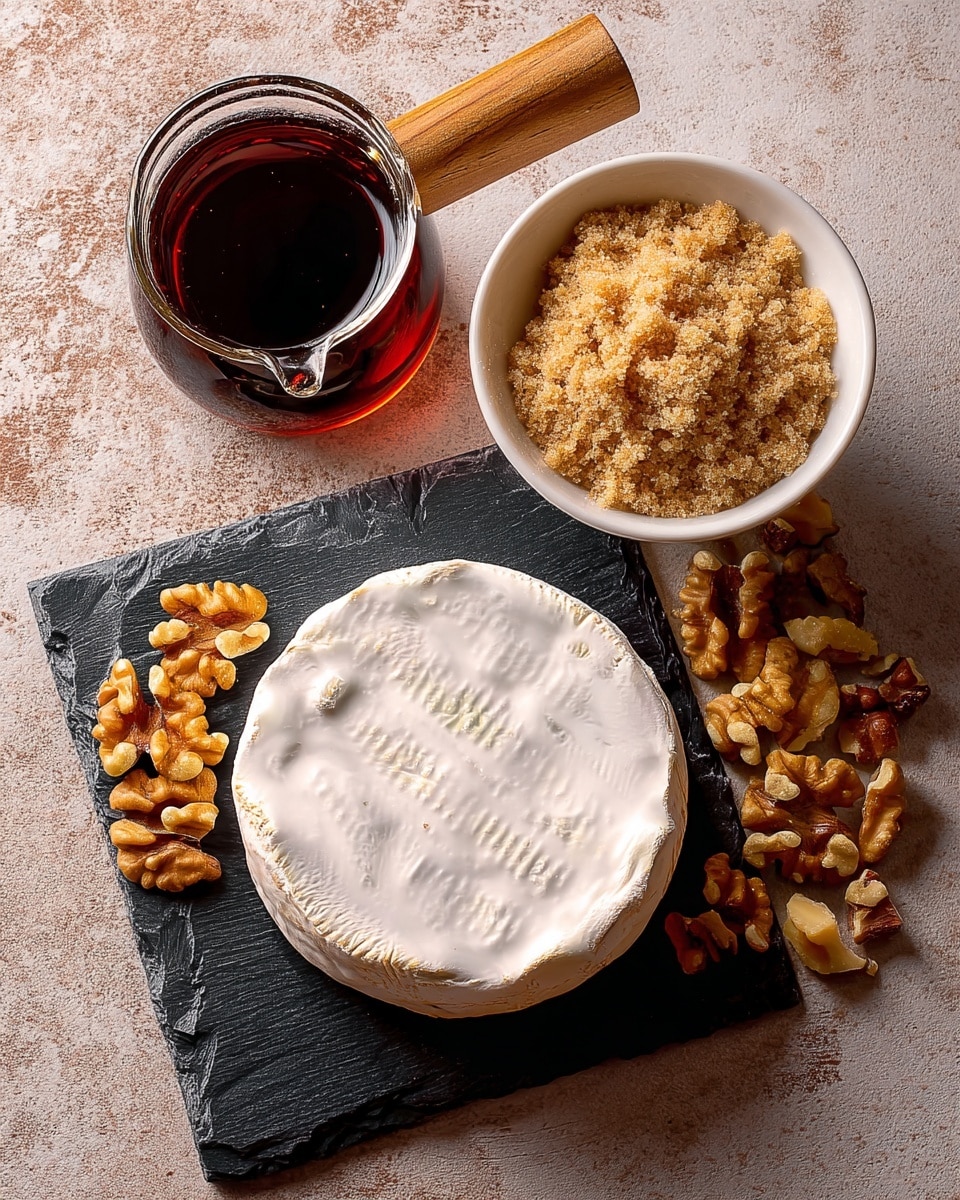A round wheel of soft white cheese with a smooth and slightly wrinkled top sits on a square dark slate board, next to a small white bowl filled with light brown sugar with a crumbly texture. Beside the bowl, there is a pile of broken walnut pieces showing their rough, irregular shapes and light brown color. Above the cheese, a clear small glass cup with a wooden handle holds a dark reddish syrup. A wooden spatula is placed on the left side of the slate board on a textured brown surface. The whole setup is on a white marbled texture background photo taken with an iphone --ar 4:5 --v 7