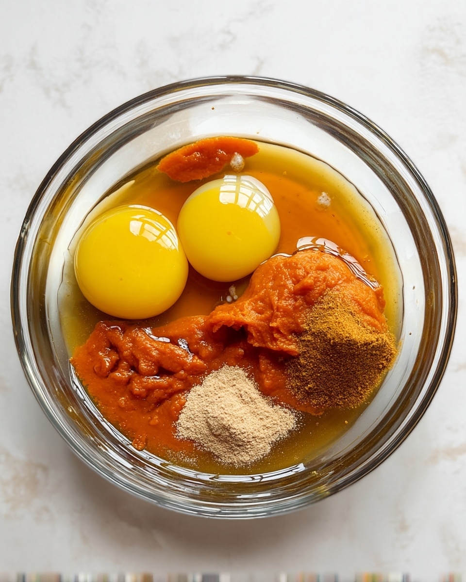 A clear glass bowl on a white marbled surface holds five visible layers: two whole raw eggs with bright yellow yolks and clear whites positioned on opposite sides, a large blob of thick orange pumpkin puree sitting centrally, a layer of golden brown liquid syrup surrounding the pumpkin and eggs, and two small mounds of light beige powdered spices on top of the syrup near the pumpkin puree. The ingredients are unmixed, clearly showing the contrast in textures and colors. photo taken with an iphone --ar 4:5 --v 7