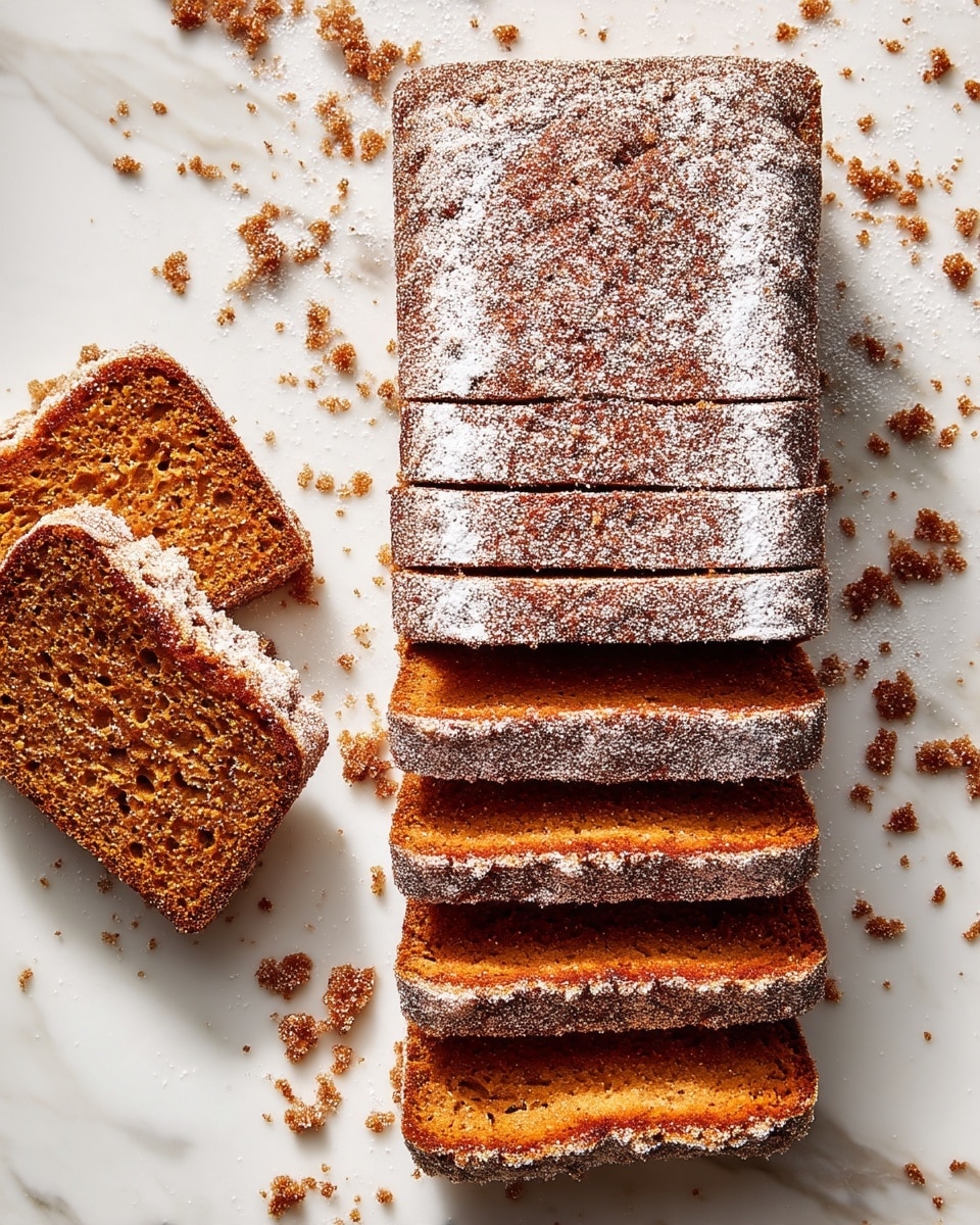 A stack of four thick slices of golden brown cake is shown, each slice covered on the outer edges with a light dusting of white sugar, creating a textured crust. The cake's inside is a moist, soft yellow color with a slightly crumbly texture. The slices are neatly stacked on top of each other on a white surface with a white marbled texture in the background. The focus is on the side and top view of the slices, showing the sugar-coated crust clearly. Photo taken with an iphone --ar 4:5 --v 7